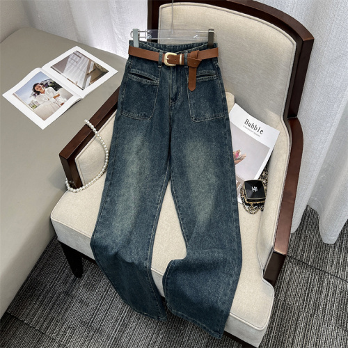 Real shot of double pocket design drapey straight jeans for women 2024 new style high waisted loose slimming versatile wide leg pants