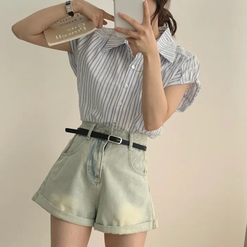 Korean chi puff sleeve striped blue shirt short-sleeved shirt new design niche top