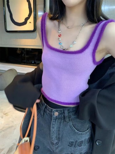 Short style inner slim fit knitted I-shaped camisole summer design outer wear purple top for women ins