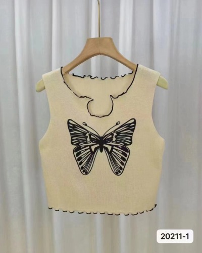 New design American hot girl butterfly print contrasting color wood ear vest