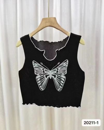New design American hot girl butterfly print contrasting color wood ear vest