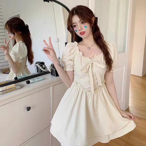 Bottom zipper: French bow square collar earring dress women's new summer puff sleeve waist short skirt