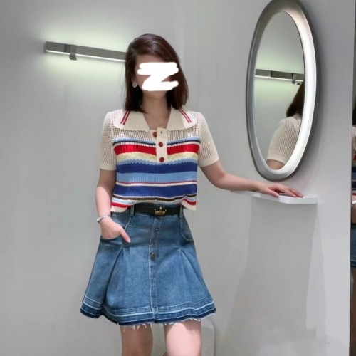 Zhuojia French Sweet Lapel Hollow Rainbow Stripe Contrast Color Short Sweatshirt Temperament Age-Reducing Top Summer