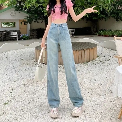 Popular moonlight blue smooth drape new pink leather brand high waist wide leg drape floor mopping pants nine-point trousers