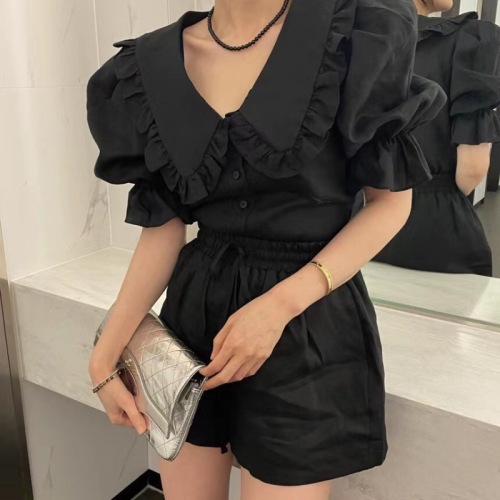 Spot Korean chic summer new French doll collar shirt + shorts two-piece suit