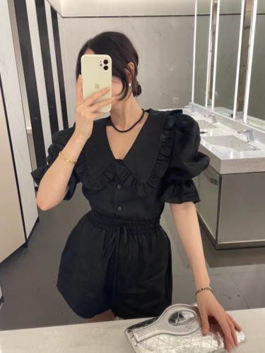 Spot Korean chic summer new French doll collar shirt + shorts two-piece suit