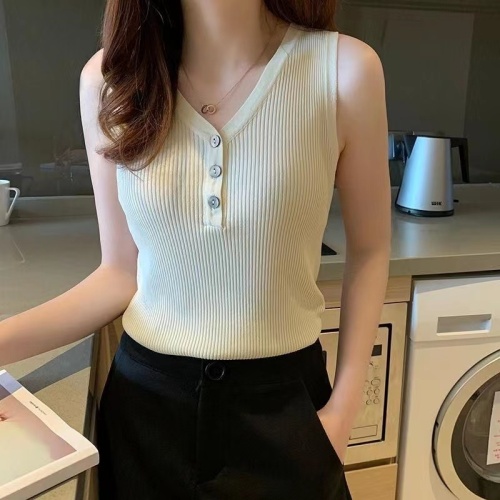 Ice silk knitted sweater slim fit v-neck camisole women's spring and autumn thin bottoming shirt sleeveless inside and outside trendy