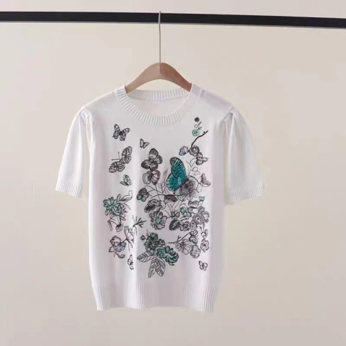 2024 summer new round neck pullover butterfly plant embroidery black and white knitted top women's t-shirt