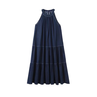 French off-shoulder halterneck dress 2024 summer new loose mid-length high-end dark blue denim skirt