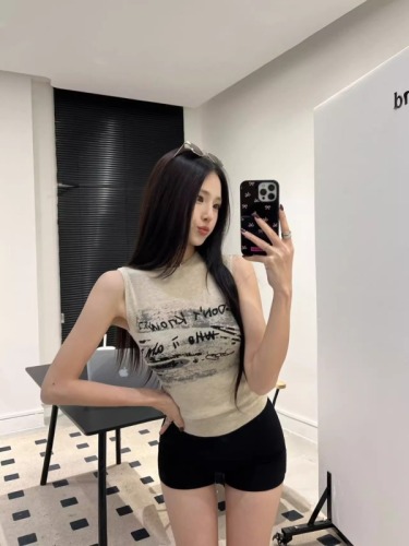 2024 spring new arrival original graffiti print slim fit knitted vest half turtleneck sleeveless top for women