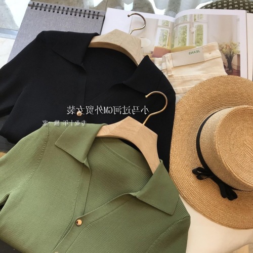 French v-neck polo shirt short-sleeved t-shirt for women summer ice silk high-end right shoulder short knitted inner bottoming top