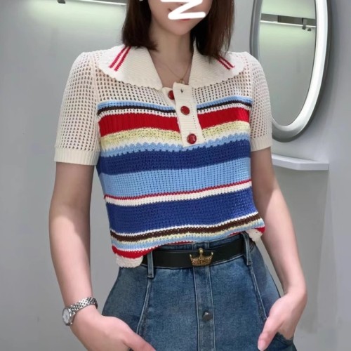 Zhuojia French Sweet Lapel Hollow Rainbow Stripe Contrast Color Short Sweatshirt Temperament Age-Reducing Top Summer