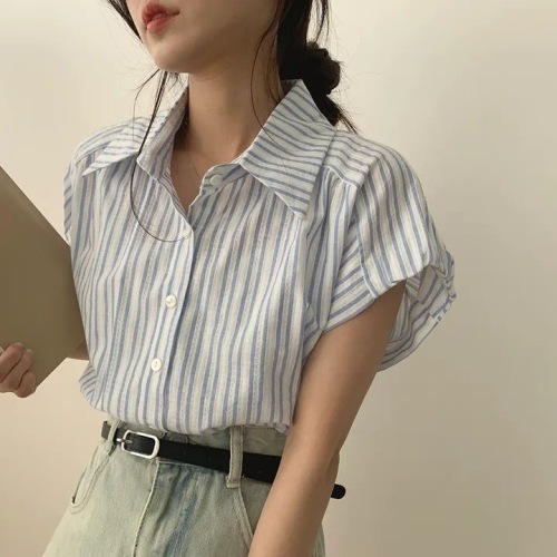 Korean chi puff sleeve striped blue shirt short-sleeved shirt new design niche top