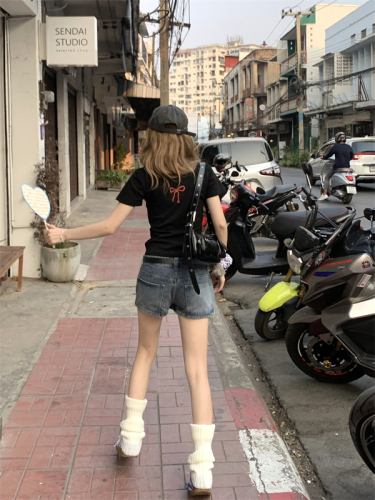 Actual shot~Korean style ghost horse girl bow print right shoulder short sleeve short T-shirt top