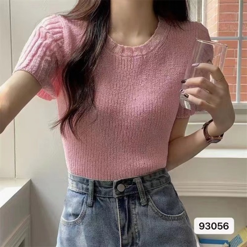 Dongdaemun 2024 Spring and Summer New Pullover Back Design Hollow Knitwear Versatile Short Sleeve T-Shirt Tops for Women