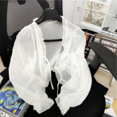 White chiffon outer cardigan summer women's new thin blouse with suspender skirt coat shawl top