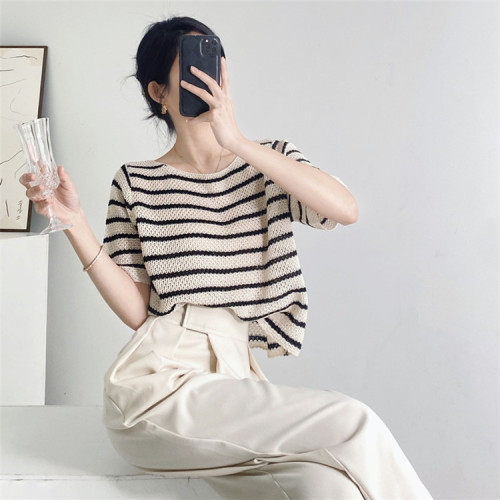 High-end striped thin short-sleeved T-shirt top for women summer new round neck design niche ice silk sweater