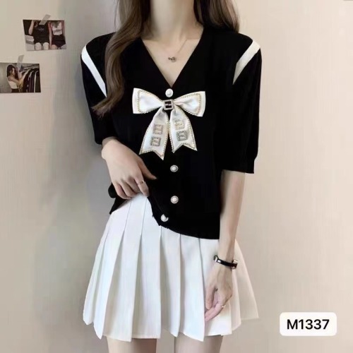 Niche design v-neck bow knitted cardigan women's summer new thin short-sleeved top