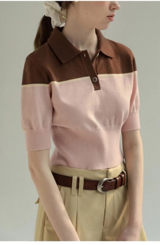 法式撞色Polo领针织T恤女装2024夏季新款温柔风休闲短袖上衣