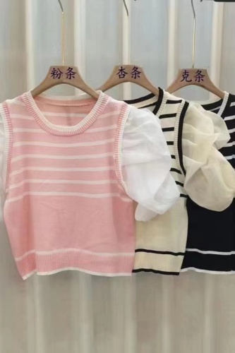 2024 new summer Korean style elegant mesh puff sleeve splicing short-sleeved top for women