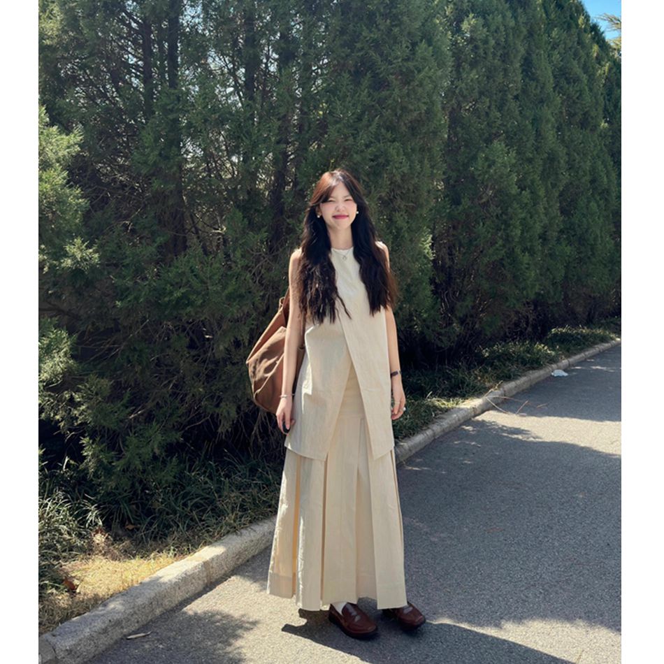 復古文藝風套裝女清冷拼接綁帶背心上衣層次感重工壓褶半身裙套裝