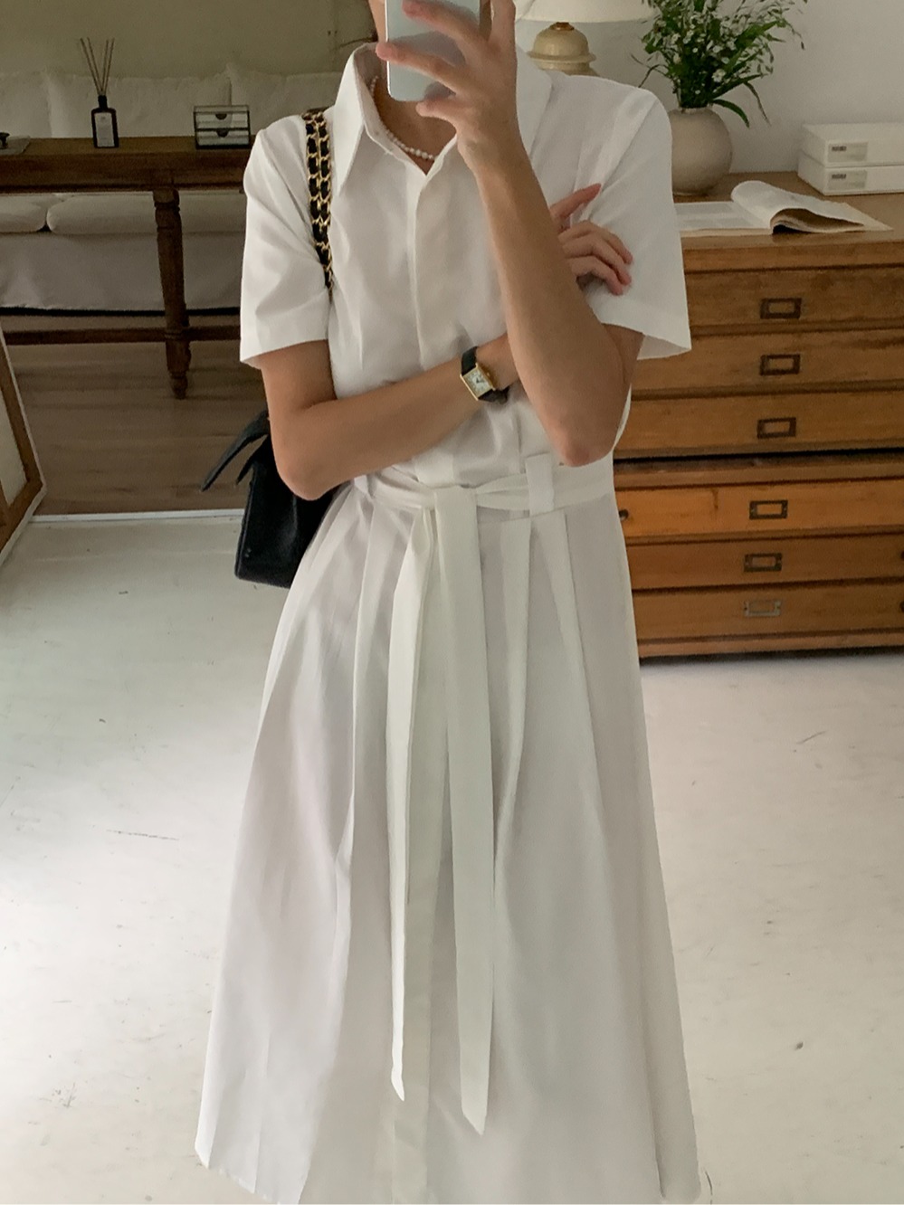 Korean chic French style lace-up waist slimming dress