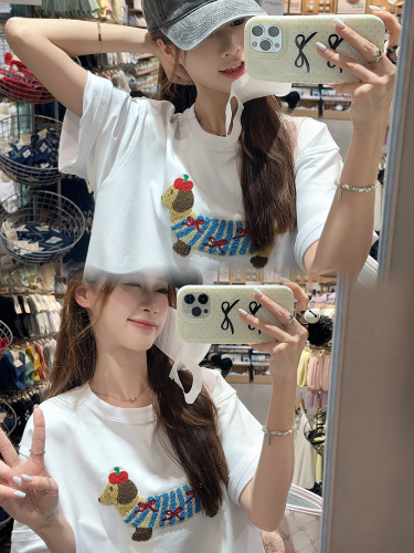 Real shot ~ Dachshund puppy bow towel embroidered design loose American short-sleeved T-shirt for women ins trend