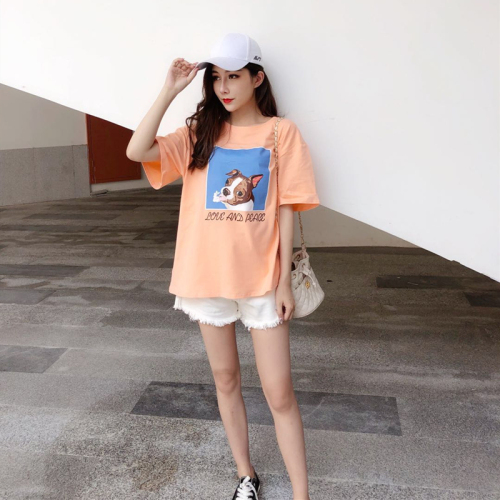 Actual shot of 2024 new summer style versatile digital printing oil painting puppy short-sleeved loose cotton T-shirt for women trendy