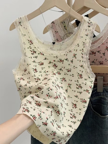 Low collar lace splicing floral small camisole female summer pure lust hot girl exposed collarbone I-shaped top