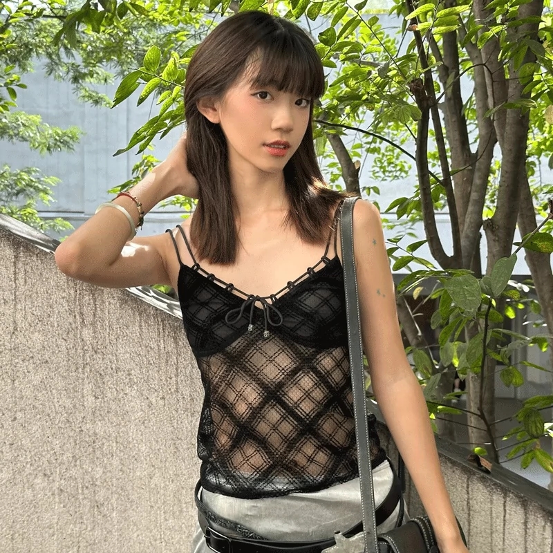辣妹網紗格紋透視性感綁帶設計吊帶上衣女春清新純欲風少女感上衣