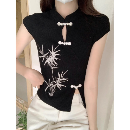 New Chinese style Chinese style disc button embroidered short-sleeved T-shirt for women 2024 summer slim fit short top