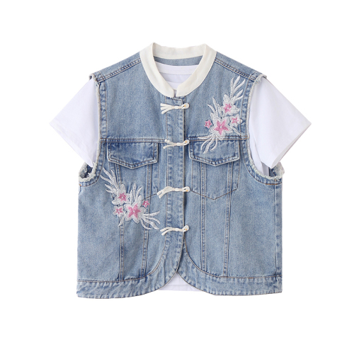 2024 Spring New Sleeveless Denim Vest New Chinese Style Waistcoat Vest Jacket Women's Embroidered Top