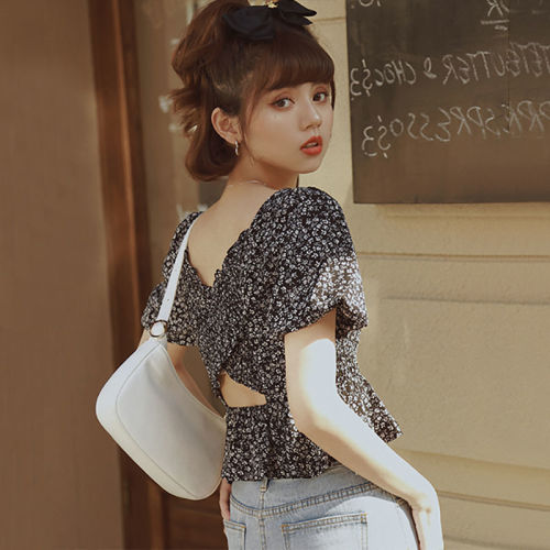 Backless Floral Chiffon Shirt Women's New 2024 Summer Clothes Versatile Slim Square Neck Puff Sleeves Pleated Tops