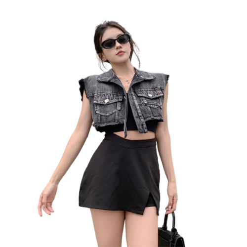 Real shot!  Hot girl short navel-baring sleeveless raw edge denim vest vest American retro sweet and cool style versatile