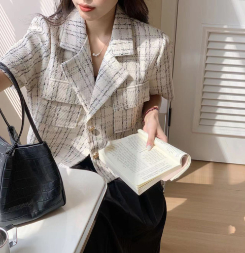 Spring and summer retro short-sleeved plaid suit slub loose jacket