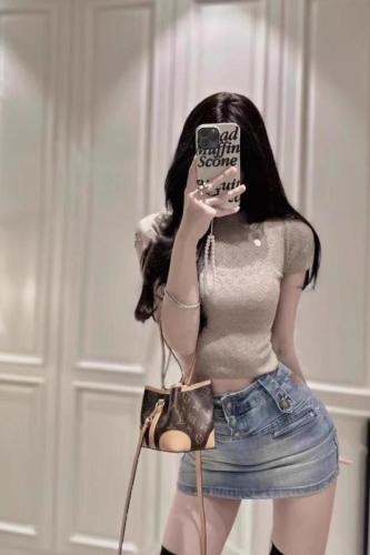 Cream Girl Slightly Transparent Hollow Top Customized Shell Button Thin Pullover Short Sleeve Knitted Top