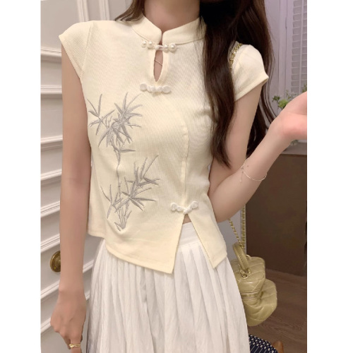 New Chinese style Chinese style disc button embroidered short-sleeved T-shirt for women 2024 summer slim fit short top