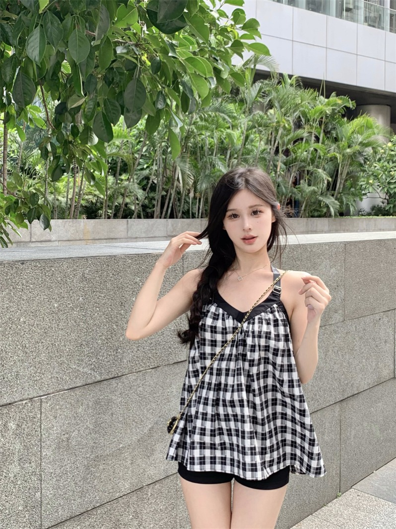 實拍 法式甜美格子掛脖小吊帶上衣女