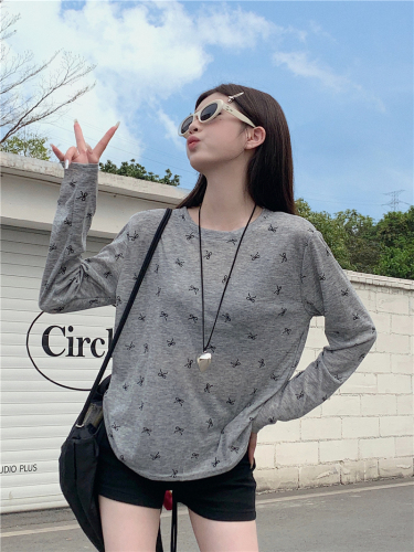 Actual shot of soft and waxy slightly see-through bow sun protection long-sleeved T-shirt loose round neck thin simple cool blouse