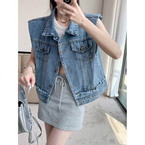 Actual shot ~ Retro raw-edged right-shoulder denim vest jacket for women, short style, new summer style, loose layered vest