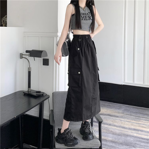 Summer new American retro drawstring workwear skirt slit high waist loose A-line mid-length skirt for women