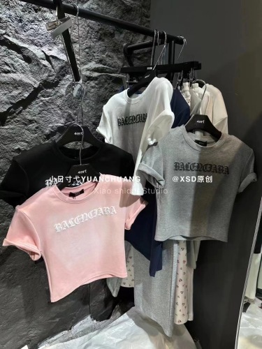 韩国辣妹短款粉色短袖t恤女夏韩版百搭字母印花修身显瘦T恤上衣