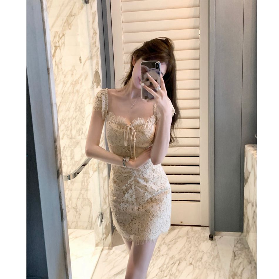 韓雨嘉黃色蕾絲連衣裙女夏季方領茶歇法式抹胸裙高級感氣質裙子