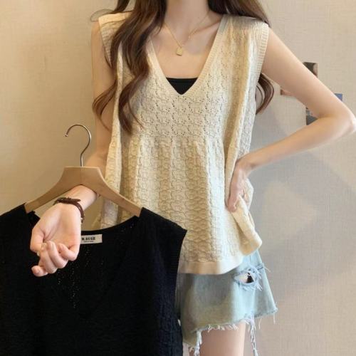 Suspension women's 2024 summer new style women's V-neck sleeveless vest doll shirt short flesh-covering slimming top