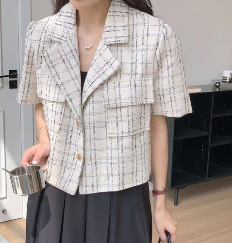 Spring and summer retro short-sleeved plaid suit slub loose jacket