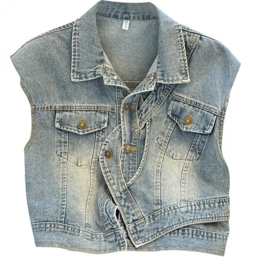 Light blue denim waistcoat sleeveless vest European thin design retro vest jacket layered top