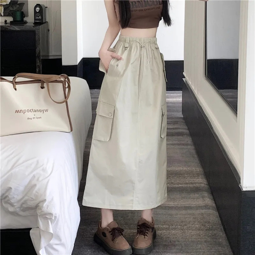 Summer new American retro drawstring workwear skirt slit high waist loose A-line mid-length skirt for women