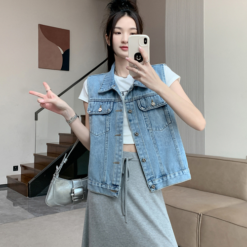 Real shot ~ Retro sleeveless vest denim vest versatile straight short denim vest jacket for women summer