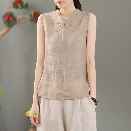 Literary Retro Button Cotton and Linen Vest 2024 Summer New Style Linen Sleeveless Suspender Women's Waistcoat Top
