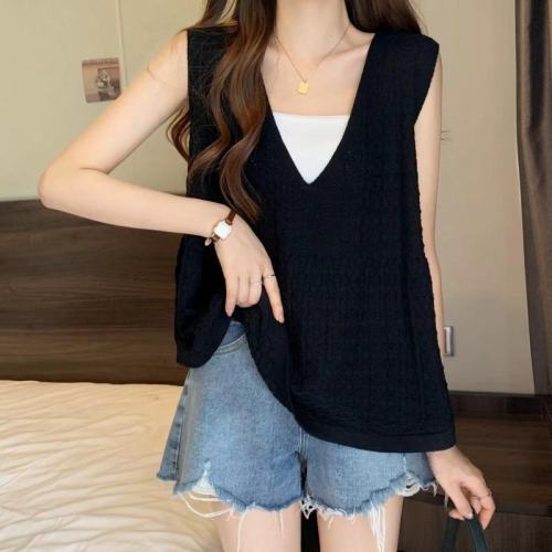 Suspension women's 2024 summer new style women's V-neck sleeveless vest doll shirt short flesh-covering slimming top